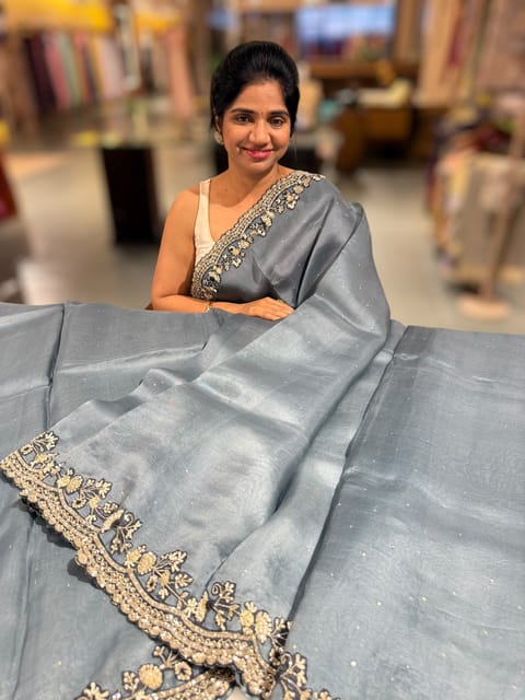 Grey Pure Organza Saree with Handwork