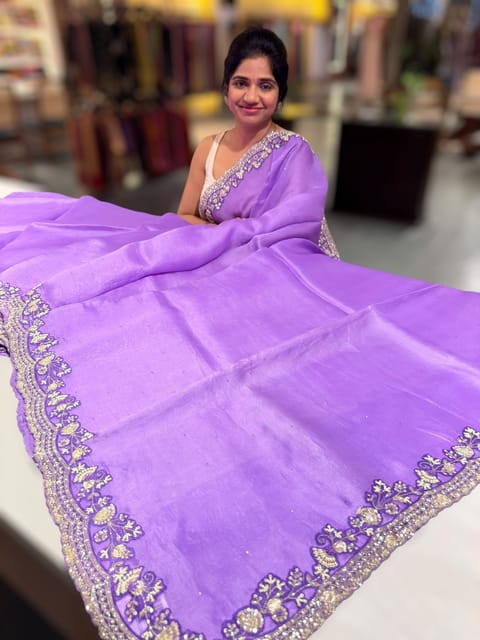 Lilac Pure Organza Saree with Handwork