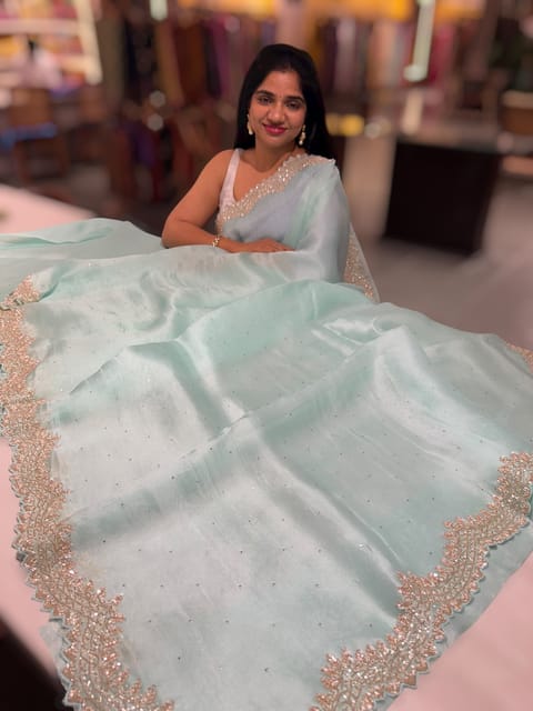 Mint Blue Pure Organza Handwork Saree with Heavy Blouse