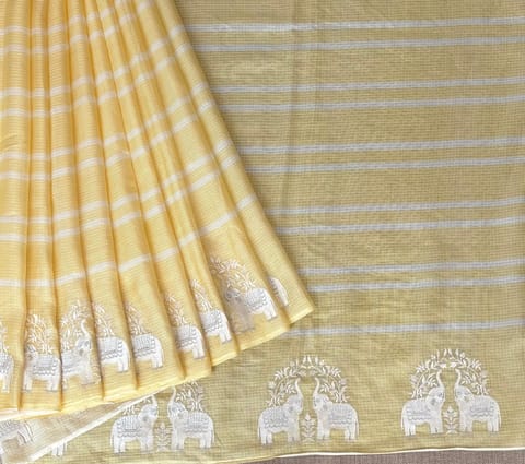 Pastel Yellow Silk Kota Saree with Elephant Embroidered Border
