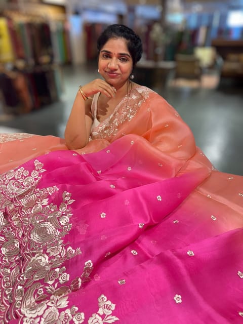 Peach and Neon Pink Shaded Organza Saree with Parsi Gara Embroidered Border