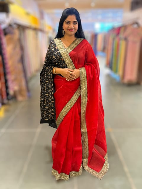 Red Organza Saree with Statement Borders