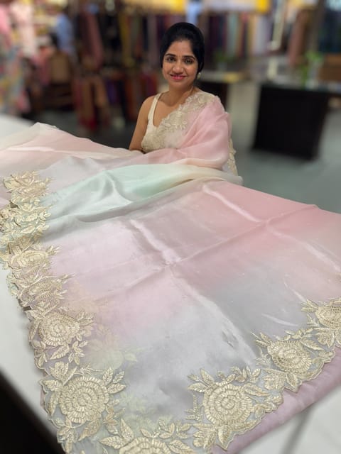 Ombre-Dyed Pure Organza Saree with Parsi Gara Embroidery
