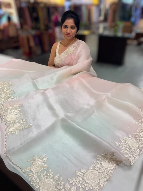 Ombre Dyed Pure Organza Saree with Parsi Gara Embroidery