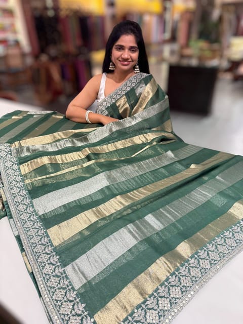 Forest Green Kora Tissue Stripes Saree