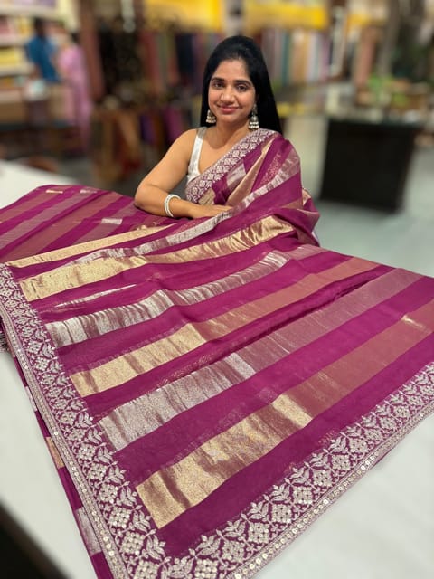 Wine Kora Tissue Stripes Saree