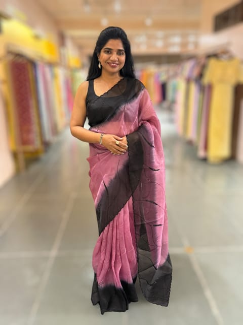 Rose Pink & Black Ombre Organza Saree with Cutdana Handwork