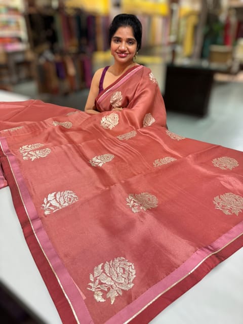 Terracotta Colour Pure Organza Saree with Embroidery