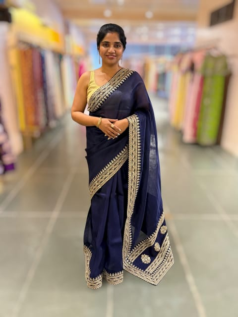 Navy Blue Pure Organza Saree with Statement Borders and Blouse