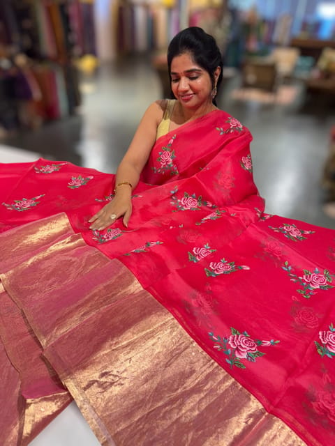 Pinkish Red Organza Saree with Pure Tissue Border