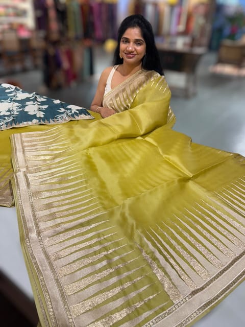 Lime Pure Organza with Temple Embroidered Border & Tussar Printed Blouse