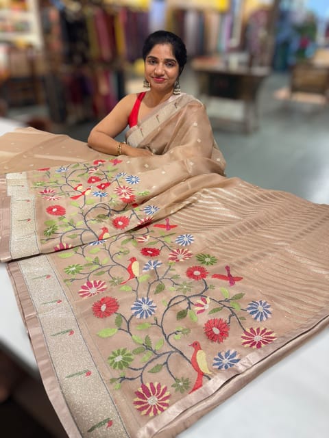 Light Brown Earthy Tone Pure Organza Saree with Paithani Inspired Embroidery
