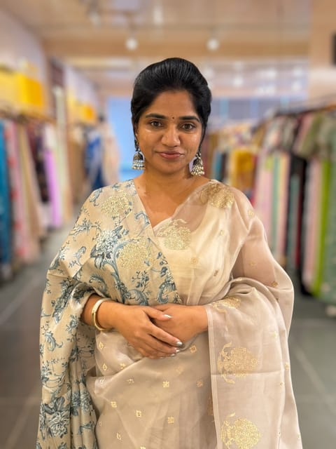 Silverish Tone Pure Organza Saree with Embroidered Motifs & Tussar Printed Blouse