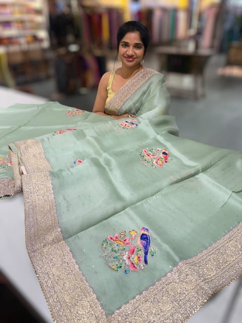 Mint Pure Organza Saree with Banarasi Pitawork Border and All-Over Bird Applique Motifs