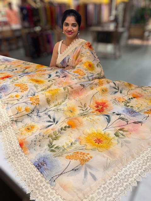 Beige Organza 3d Floral Printed Saree Hemlined with Crochet Lace