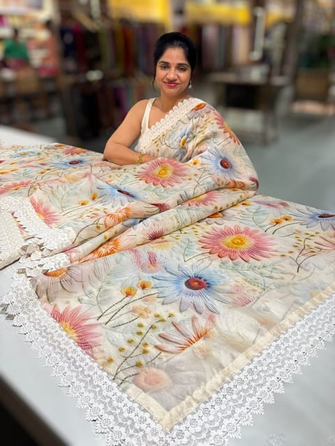Ivory Organza 3d Floral Printed Saree Hemlined with Crochet Lace