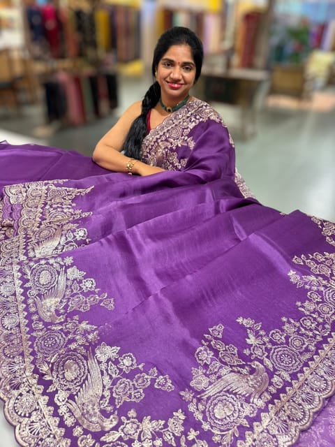 Purple Pure Organza Saree with Pita Embroidery