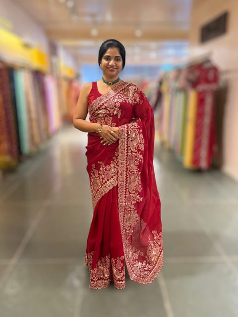 Maroonish Red Pure Organza Saree with Pita Embroidery