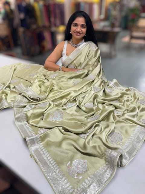 Light Pista Pure Satin Saree with Allover Embroidery