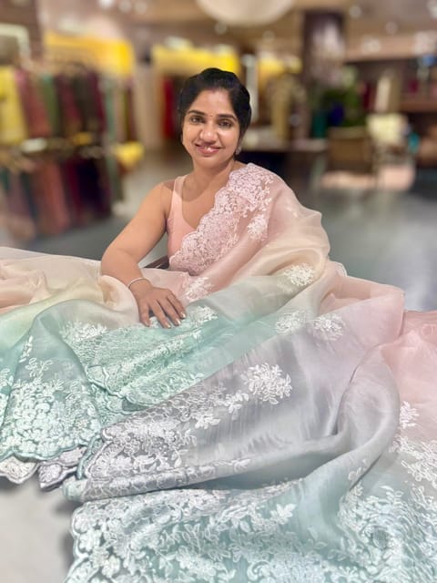 Pure Organza Ombre Dyed Saree with Allover Embroidery