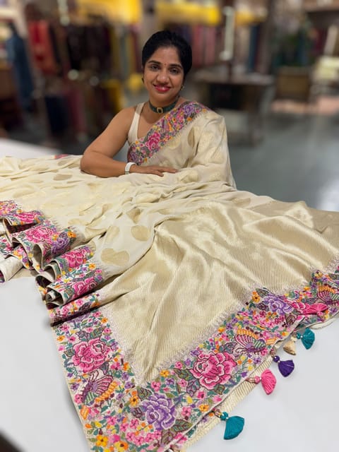 Half White Khaddi Chiffon Saree with All-Over Zari Weaving Polka Dots and Petite Point Border