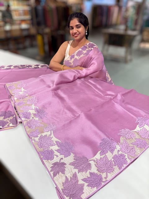 Lilac Organza Saree with Leaf Embroidered Border