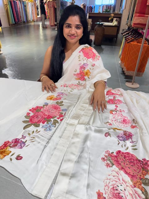 Off-White Chinon & Satin Saree with Mirror Handwork