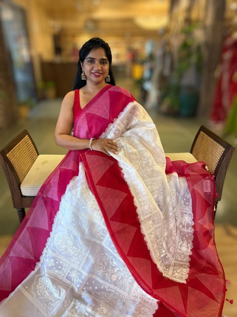 Organza Chikankari Saree with Bandhini Temple Borders