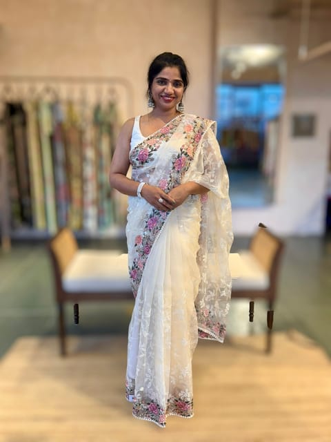 Ivory Organza Saree with All-Over Floral Sequence Work and Parsi Embroidered Border