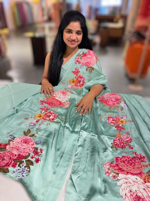 Sea Green Chinon and Satin Fusion Saree