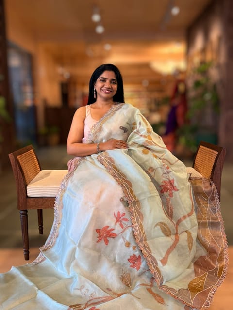 Mint Pure Organza Saree with One of a Kind Tissue Applique Work All-Over