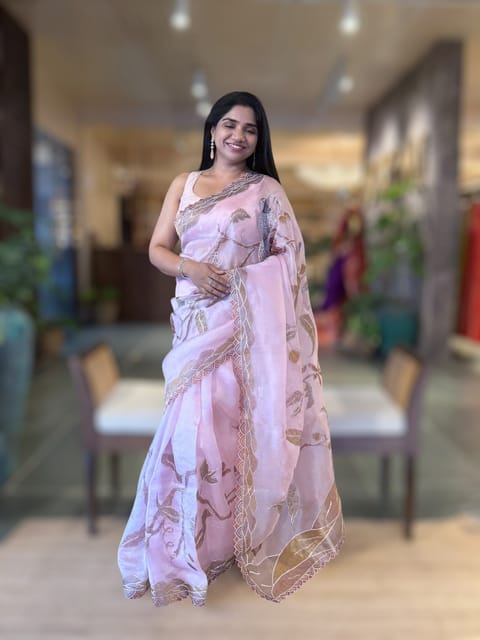 Rose Pink Pure Organza Saree with One of a Kind Tissue Applique Work All-Over