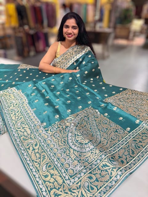 Emerald Green Pure Organza Saree with Jamdani Inspired