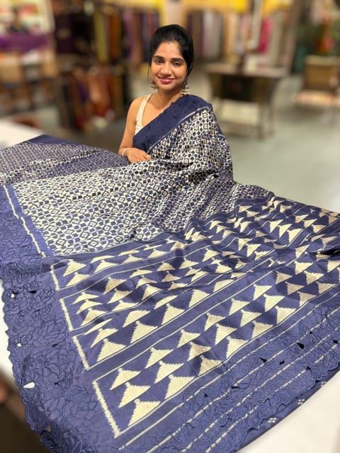 Midnight Blue Cambodian–inspired Ikat Silk Saree with Cutwork Rose Border