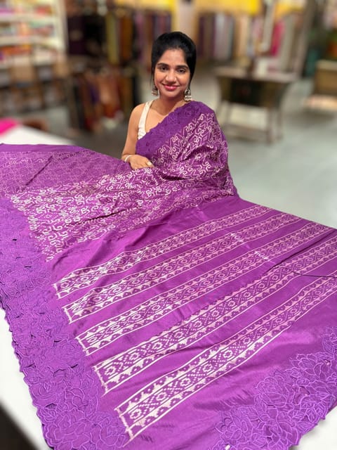 Brinjal Cambodian–inspired Ikat Silk Saree with Cutwork Rose Border
