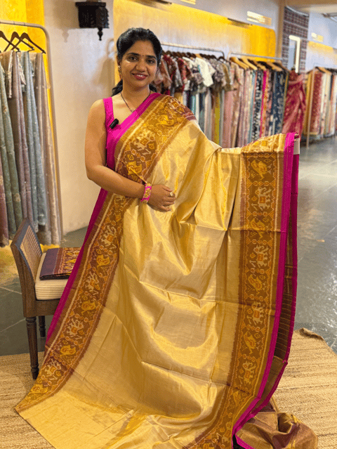 Beige Gold Colour Tissue Patan Patola Saree with Elephant and Parrot Borders