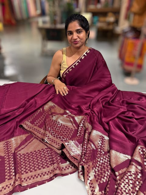 Wine Pure Satin Saree with Sequence Border and Blouse