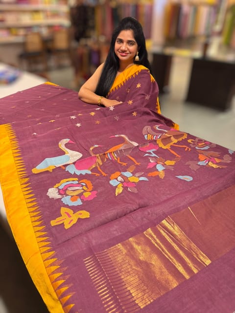 Wine Brown Pure Handloom Ponduru Khadi Jamdani Saree with Swan Pallu