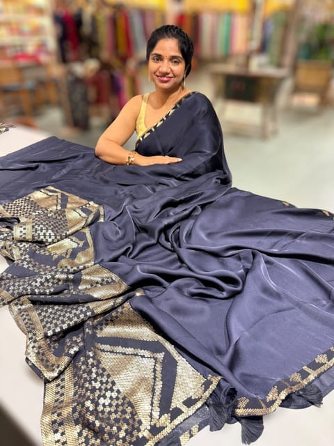 Navy Pure Satin Saree with Sequence Border and Blouse