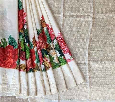 Half White Printed Kanchi Soft Silk Saree with Temple Border