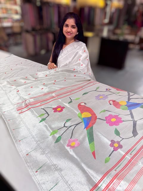 Silver Paithani Tissue Saree with Peacock Motifs