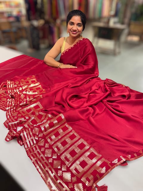 Maroonish Red Pure Satin Saree with Sequence Border and Blouse