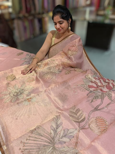 Dusty Pink Banarasi Tissue Saree with Floral Print