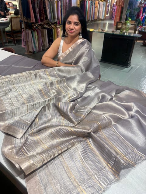 Greyish Silver Handloom Tissue Saree