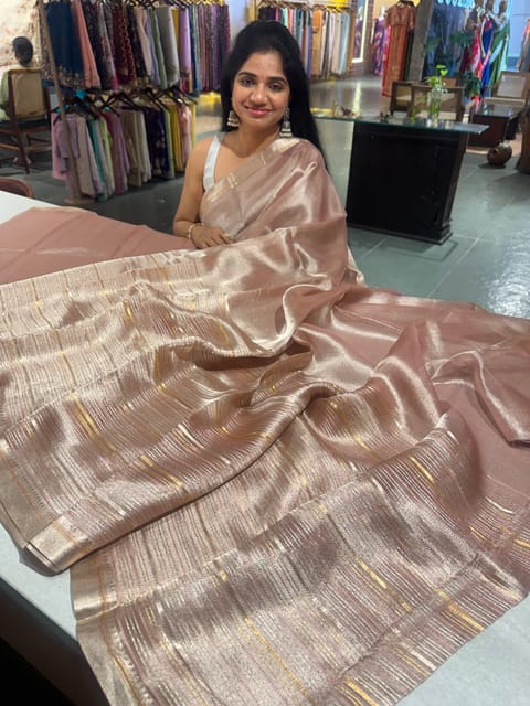 Pastel Pink Handloom Tissue Saree with Zari Stripes