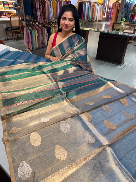 Peacock Blue Banarasi Handloom Tissue Stripe Saree