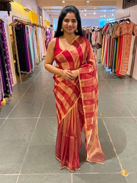Red Banarasi Handloom Tissue Stripe Saree