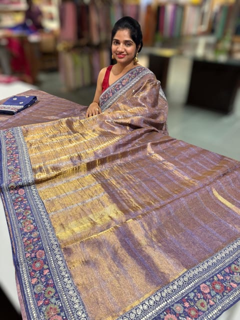 Bluish Lilac Tissue Checks Saree with Embroidered Border