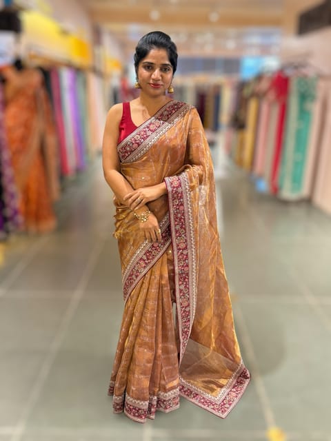 Maroon Tissue Checks Saree with Statement Borders