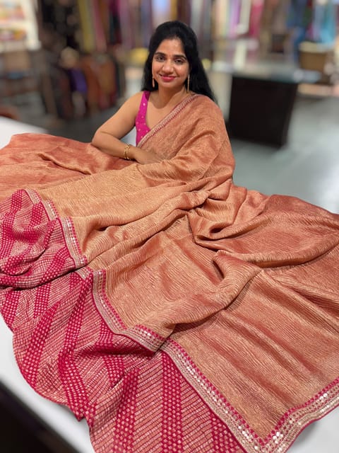 Pink Pure Handloom Crush Tissue Saree with Munga Silk Skirt and Sabhya Borders